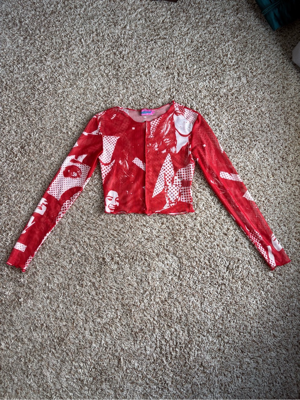 Edikted Red Graphic Mesh Long Sleeve Crop Top